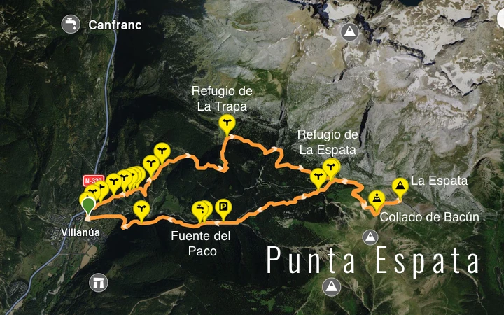 Recorrido desde Villanúa a Punta Espata subiendo por La Trapa