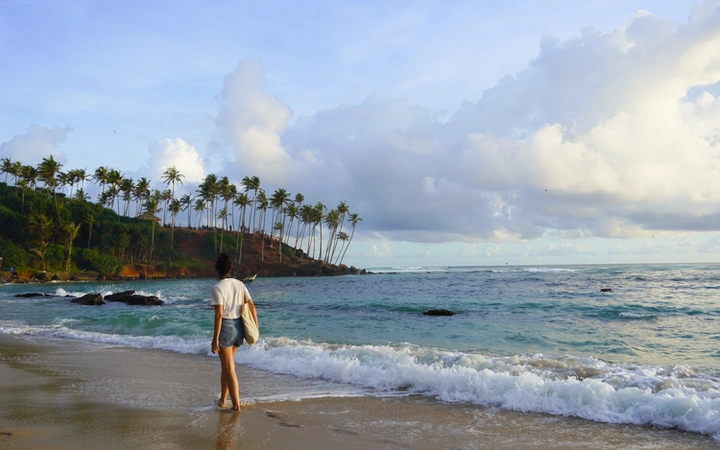 Playa de Mirissa con la colina coconut tree